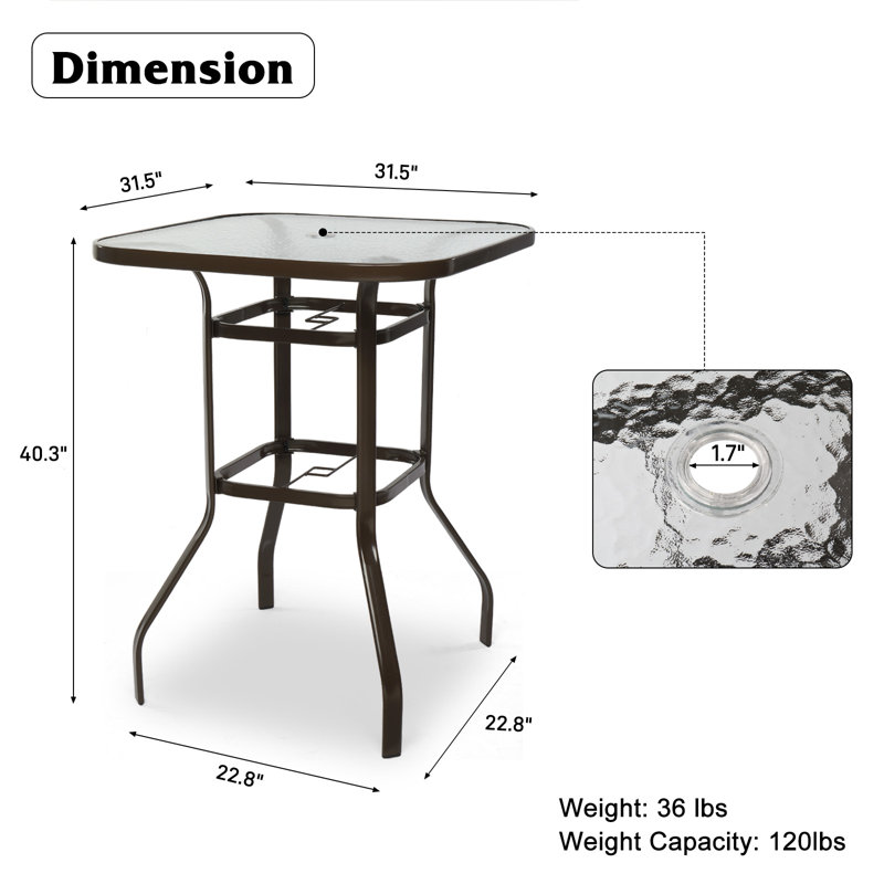 Kiyo Square Outdoor Bar Table With Umbrella Hole , 31.5'' in. W 31.5'' in. D, Brown