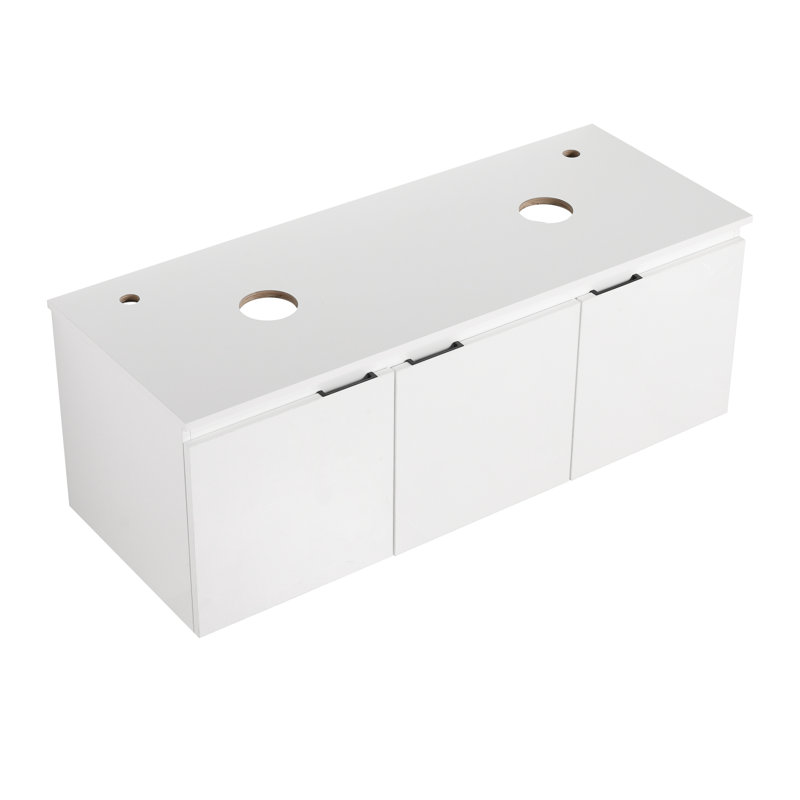 Meuble-lavabo flottant moderne (qui doit inclure à la fois un meuble-lavabo et un lavabo) avec rangement, contreplaqué blanc brillant