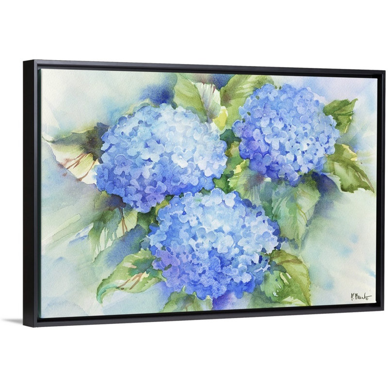 Art sur toile bleu ciel hortensia, Toile avec cadre noir, H 24 po x l 36 po x P 1,75 po