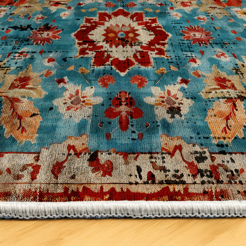 Larissa Collection Digital Print Cotton-Polyester Blend Rug – Teal, Runner 4' x 9'11"