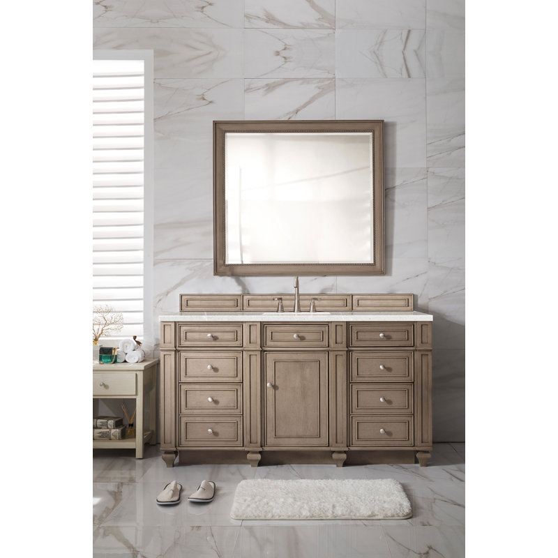 Bristol 60'' W Single Vanity, Whitewashed Walnut, White Zeus, 8" Widespread