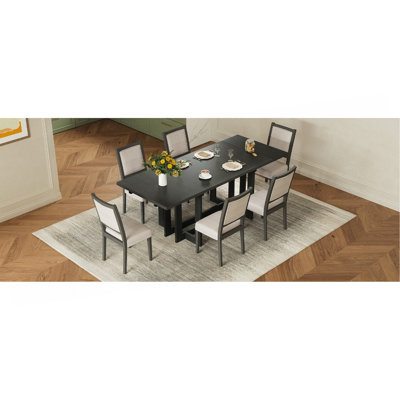 Rustic 82inch 7-Piece Extendable Dining Table Set, Trestle Kitchen Table with 6 Upholstered Dining Chairs and Two 12'' Removable Leaf, Grey+Beige