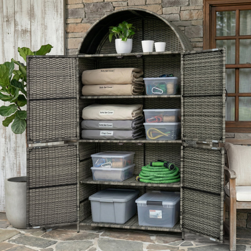 72" Arched Outdoor Wicker Storage Cabinet With Doors And Adjustable Shelves, Grey