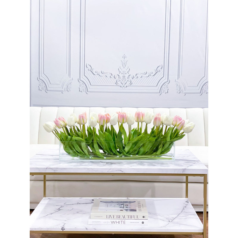 28 Inches Modern Long Pink/White Real Touch Tulip Stems - Faux Floral Luxury French Table Décor
