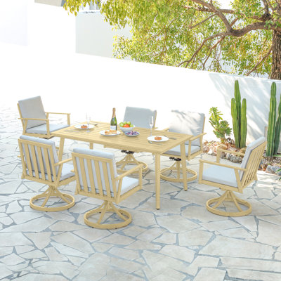Outdoor Dining Set, Aluminum Patio Swivel Dining Set With Umbrella Hole, 360° Rotation Outdoor Patio Furniture Set, Swivel Chairs And Table For Decks, Garden, Backyard, Maple Wood