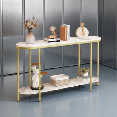 2-Tier Oval Console Table, White Faux Marble Top with Gold Metal Frame, Modern Entryway Table with Open Shelf, 42.1"×11.4"×30.5" Narrow Sofa Table for Hallway