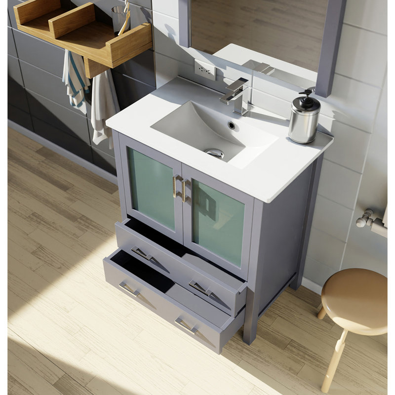 Meuble-lavabo de salle de bain P 18,25 po, comptoir en céramique blanche et miroir de 22 po, Gris foncé