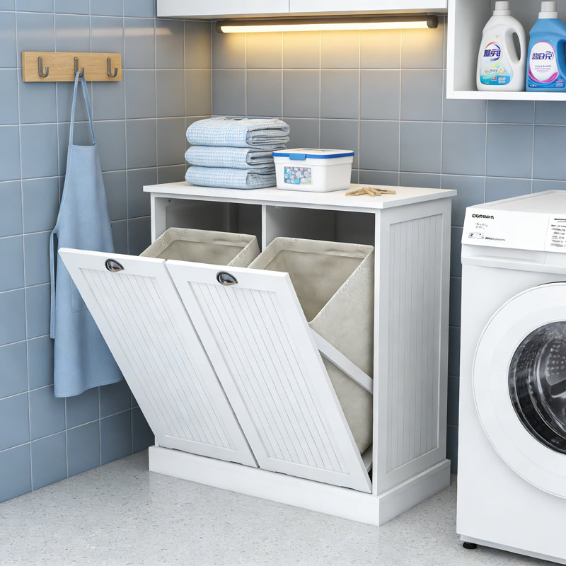 Tilt-Out Laundry Hamper Cabinet With Removable Baskets, Double Hidden Storage Organizer, White Engineered Wood Freestanding Bathroom Or Laundry Room Cabinet