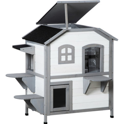 Chenil d'extérieur pour chat 2 étages - Enclos en bois pour chats, porte de secours, toit ouvert, plateformes de saut, maison blanche avec petite trappe