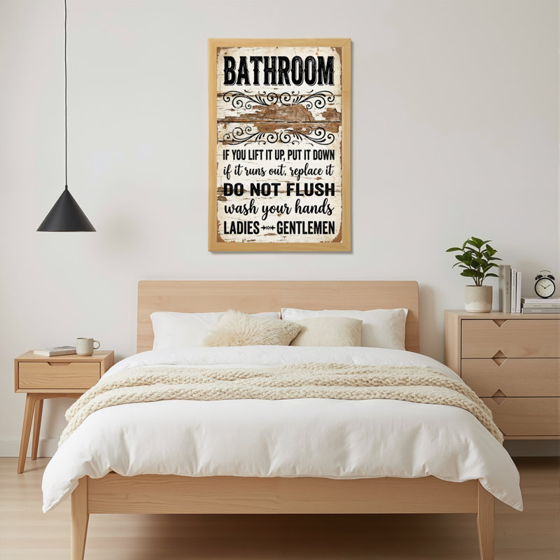 Bathroom Sign With Rustic Wood Pattern And Vintage Typography Canvas Wrapped Wall Art Oil Painting Print Set Of 1