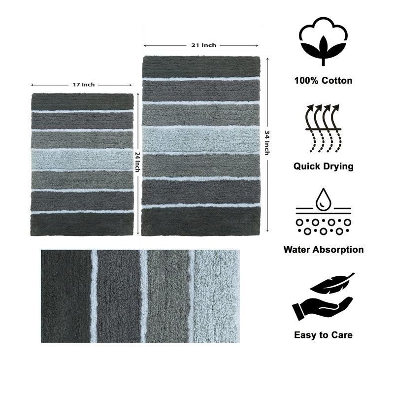 Ensemble de 2 tapis de bain à rayures antidérapants 100% coton Cervantes, Gris anthracite, 21''x34''/17''x24''