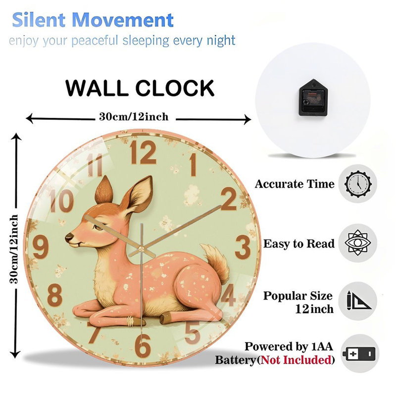 Mignonne horloge murale décorative en forme de cerf pour la maison - Horloge murale moderne en verre 12 po
