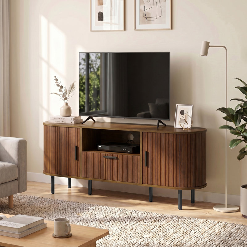 Meuble télé pour téléviseur de 60 po avec portes coulissantes courbées et tiroir, brun, Brown/Black