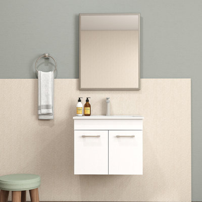 Meuble-lavabo 24 po avec lavabo et miroir, meuble-lavabo mural avec portes doubles, cadre en aluminium argenté, charnières à fermeture douce, longues poignées en métal, lavabo en céramique