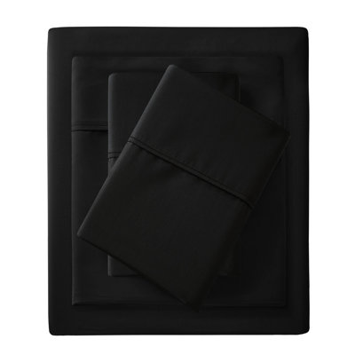 Grand drap 4 pièces en mélange de coton noir à densité de tissage 1500, tissage froissé, toucher doux, drap-housse à poche profonde, 2 taies d'oreiller, lavable en machine avec lavable