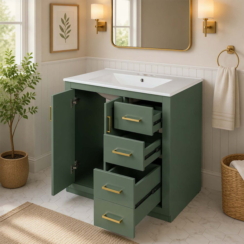 Meuble-lavabo de salle de bain de 76 cm (30 po) avec lavabo en céramique, cadre en bois, armoire de rangement autoportante avec 3 tiroirs et portes à fermeture douce