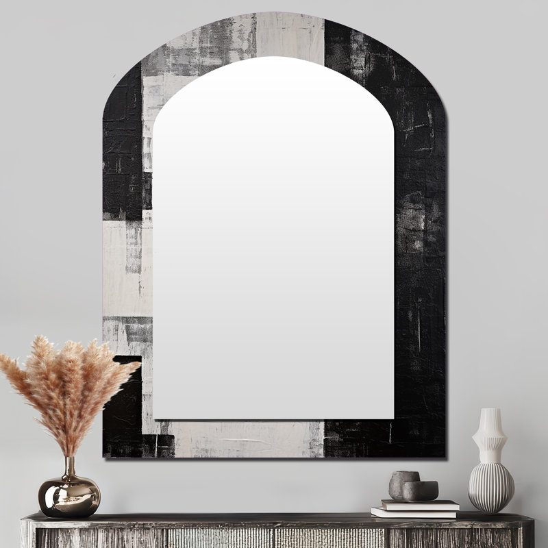 Abstract Ebony Echoes I - Abstract Shapes Asymmetrical Decorative Wall Mirror, Modern Arch Mirror, Printed Metal Art