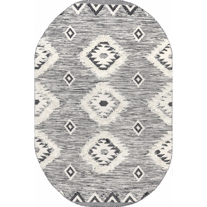 Adi Moroccan Lattice Hand-Knotted Wool Fringed Gray Area Rug, Oval 5' x 8'