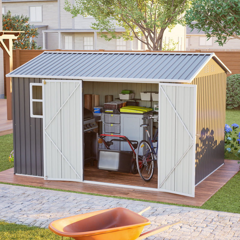 Remise de rangement en acier surdimensionnée de 10 pi x 8 pi avec fenêtre, portes verrouillables et toit incliné, remise à outils robuste pour jardin, patio, cour arrière, pelouse