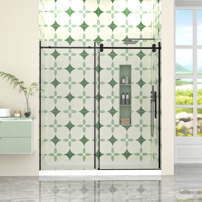 Porte de douche coulissante sans cadre de l 68 à 72 po x H 76 po avec verre trempé de 3/8 po et de quincaillerie en acier inoxydable 304
