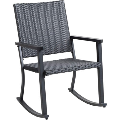 Outdoor Rocking Chair For Outside Patio Porch, Metal Frame, Black All Weather Wicker
