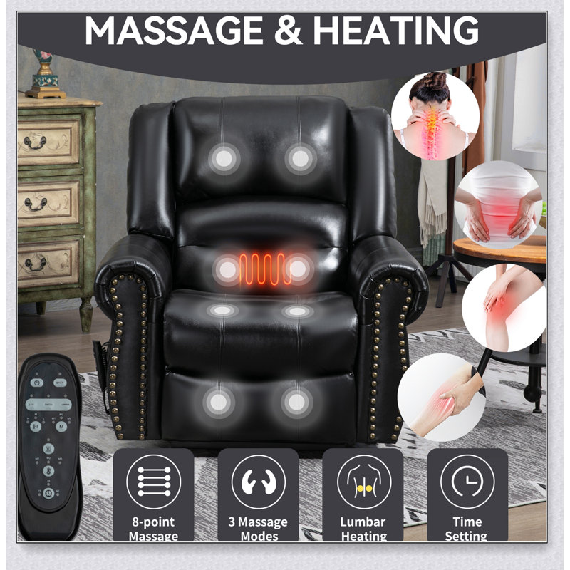 Power Lift Recliner Chair Heat Massage Dual Motor Infinite Position Up to 350 LBS, Black Genuine Leather