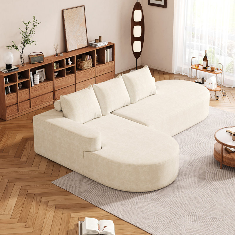 Chenille beige moderne - Canapé modulaire combiné avec coussins à haute résilience, lignes arrondies, coussin pour le confort, sans assemblage, rembourré incurvé pour chambre et salon, 3 sièges,