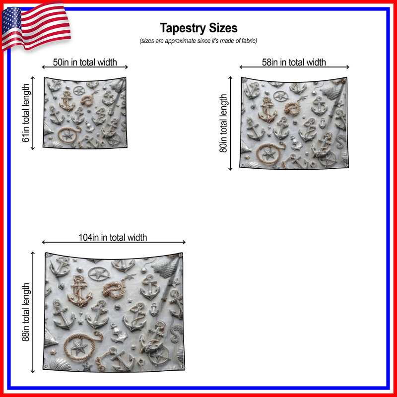 Tapisserie «Nautical Anchors Shells» - Décoration murale nautique, H 104 po x 88 avec 4 œillets