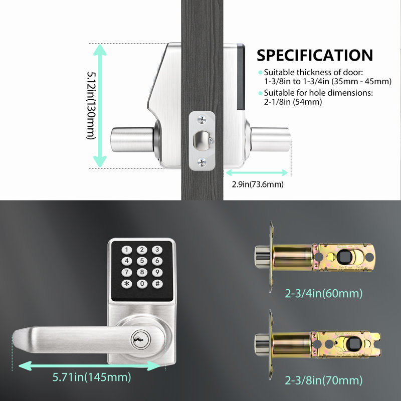 Serrure de porte électronique avec poignée de porte Cielsa Dawn, serrure de porte à clavier avec poignée, serrures intelligentes pour porte d'entrée sans clé avec code-Fob-Key (nickel brossé, 1 paquet)
