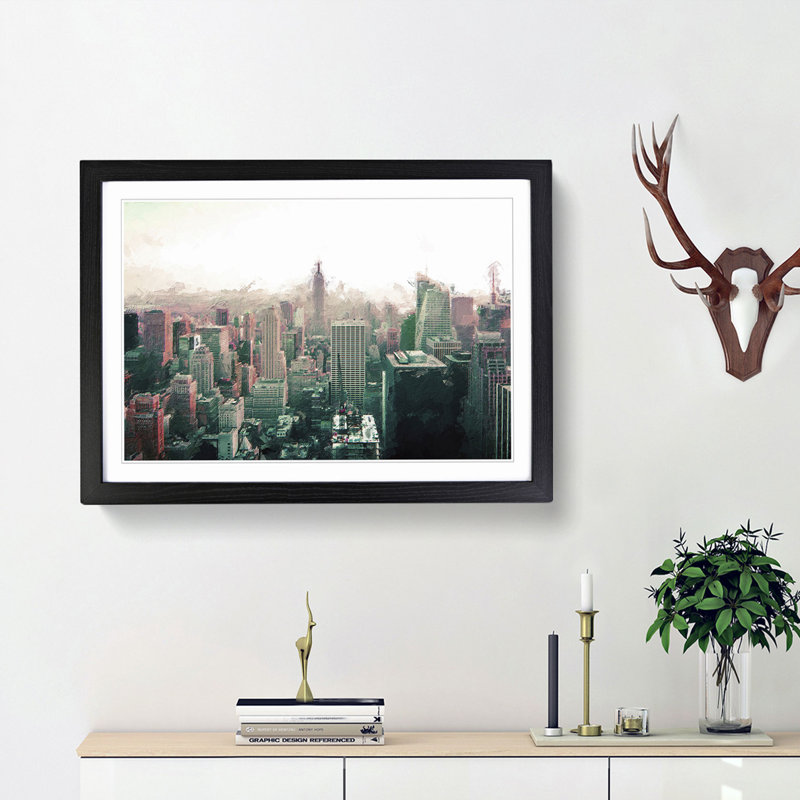 Manhattan Skyline in New York in Abstract - Picture Frame Painting Print, Black Framed, 27cm H x 36cm W x 2cm D
