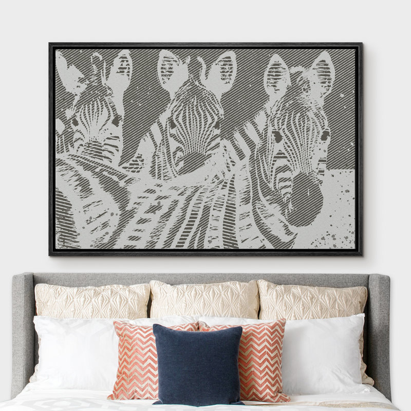 Zèbre en art linéaire - cadre flottant, impression sur toile, Cadre noir, H 24 po x l 36 po x P 1,5 po