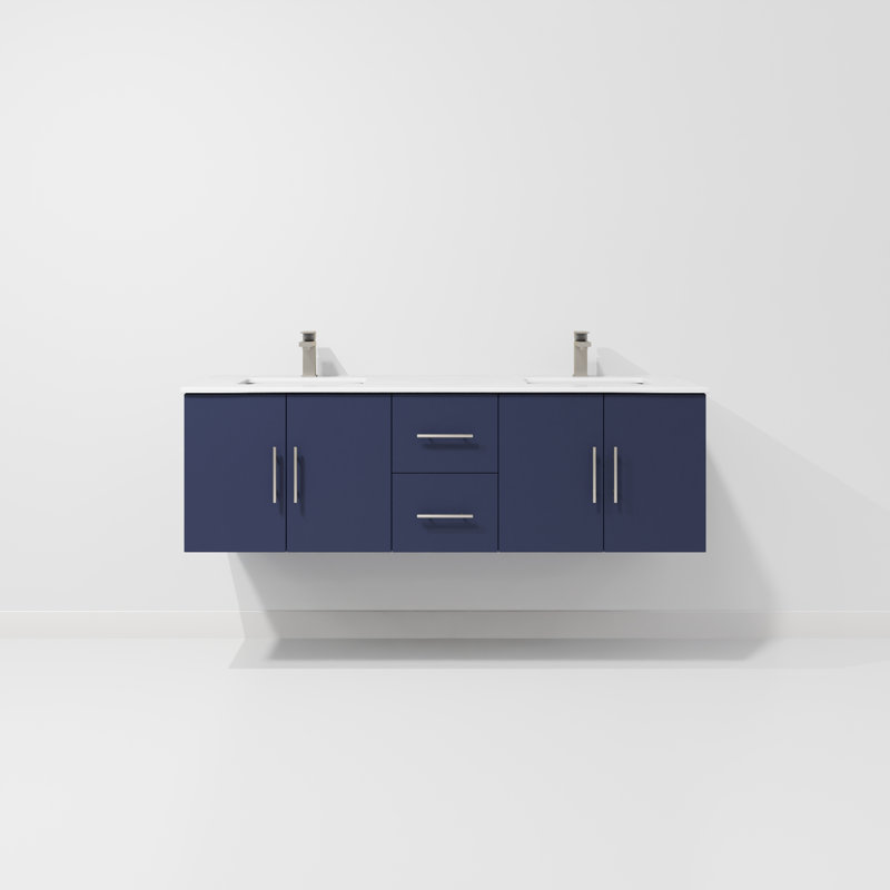 Ensemble de meuble-lavabo double mural 60 "Geneva, Marine, Quartz blanc