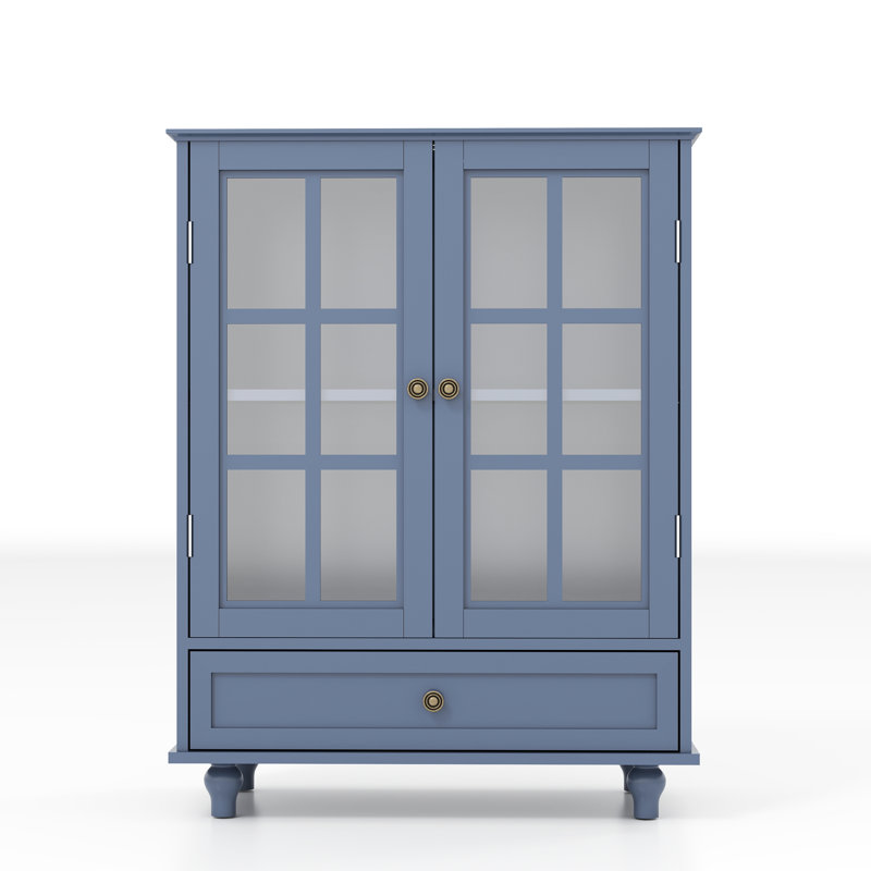 Armoire multifonctionnelle rétro bleue avec portes doubles en verre, tiroir spacieux et poignées en bronze, idéale pour le couloir de la chambre à coucher, étagère ajustable avec rangement minimaliste, plateau courbé gracieusement,