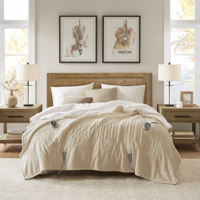 Queen Tan Sherpa Knitted Reversible Heated Blanket