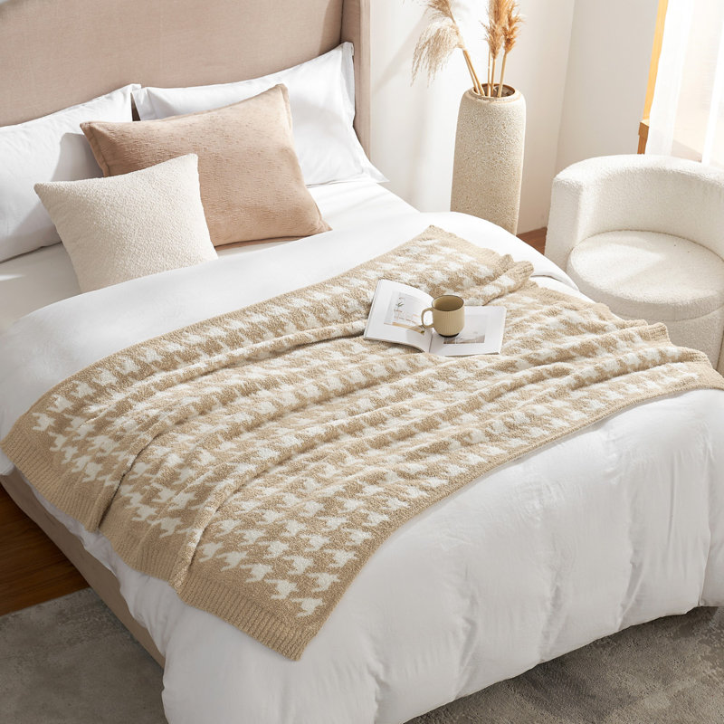 Jeté réversible en tricot Houndstooth, Pied-de-poule beige