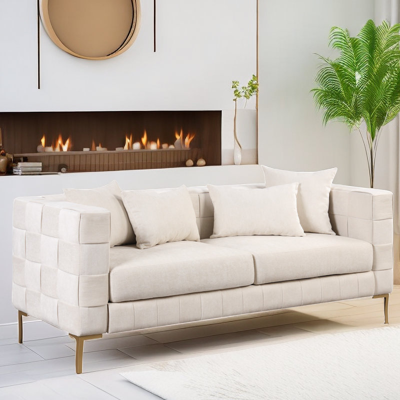 Canapé rembourré 80,5 po avec 4 coussins et pieds en métal doré Moka, Chenille beige