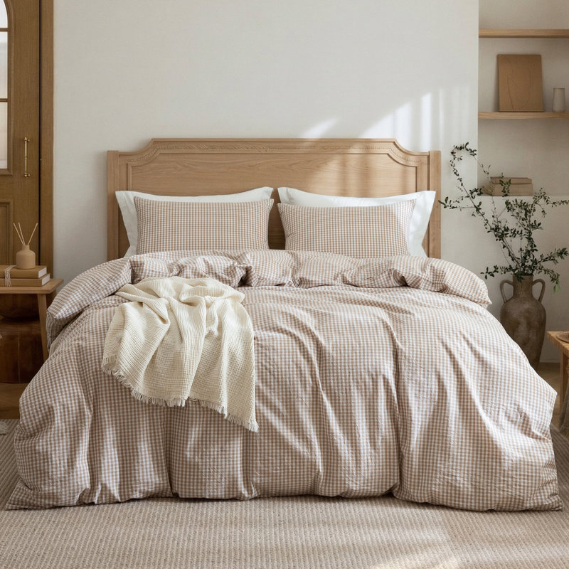 Ensemble de housse de couette 100% coton lavé, motif à carreaux classique, literie douce et respirante avec double fermeture à glissière cachée et taies d'oreiller enveloppantes