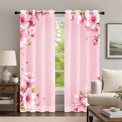 2Pcs Pink Cherry Blossom Curtains, Romantic Floral Style Curtain, Elegant Spring Blossom Printed Art Grommet Drapes, Window Treatment for Bedroom Living Room Home Decor