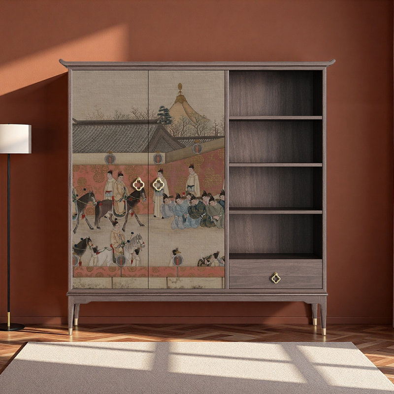 Buffet de luxe chinois de style rétro, Noyer, H 63 po x l 63 po x P 15,7 po