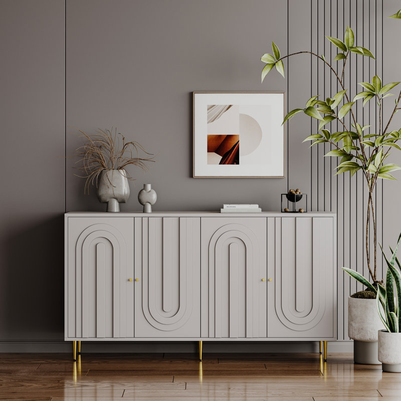Modern Gray Lacquered 4 Door Wooden Cabinet Sideboard Buffet Server Cabinet Storage Cabinet