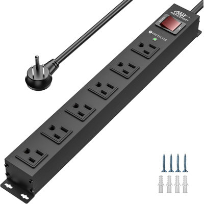 Barrette de protection contre les surtensions à 6 prises CRST 2100J avec interrupteur, barrette d'alimentation robuste en métal 15A / 1875W, barre d'alimentation murale espacée large pour garage école à domicile, cordon de 6 pi (noir)