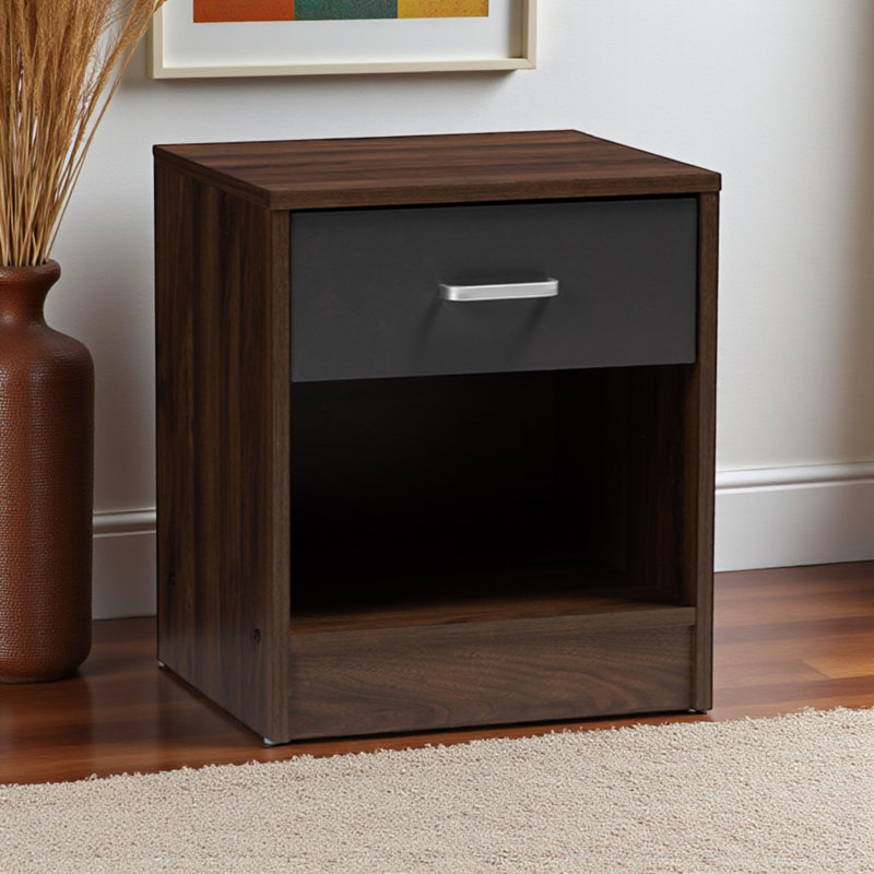 Awrad Dark Brown and Dark Grey Finish 1-Drawer & Shelf Nightstand, 18.10'' H X 15.50'' W X 13.53'' D