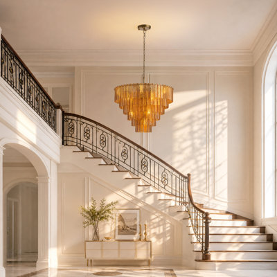 31.5" 16-Light Tiered Chandelier  Amber Glass Gold Chandelier