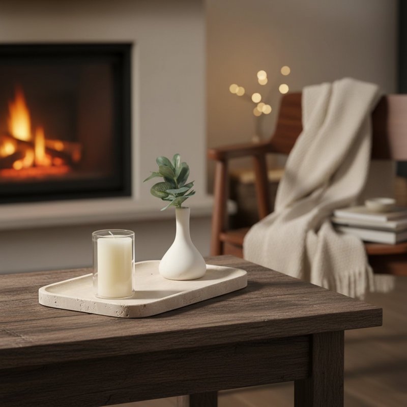 Plateau rectangulaire en travertin beige pour le rangement de la coiffeuse, un excellent article décoratif pour la salle de bain et la cuisine.