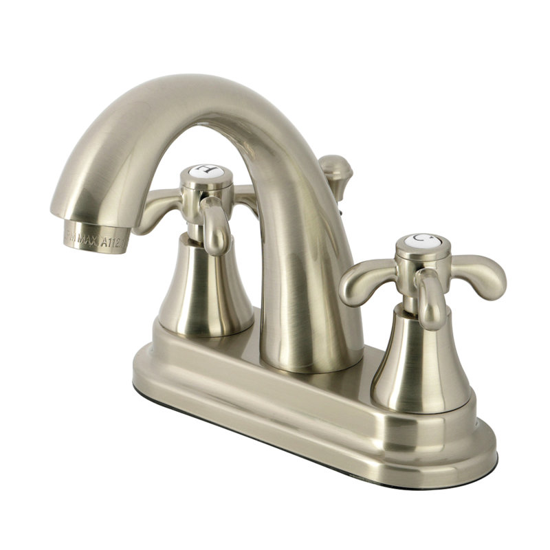 Kingston Brass French Country Two-Handle 3-Hole Deck Mount 4" Centerset Bathroom Faucet with Brass Pop-Up, Brushed Nickel