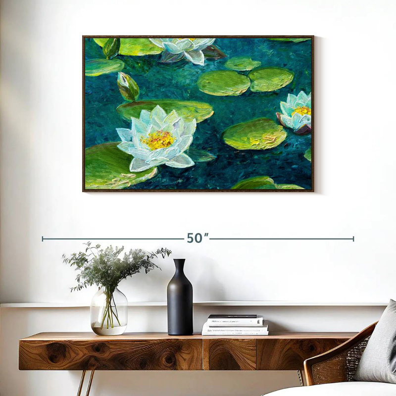 Fleur de nénuphar, 37 po x 25 po, Cadre flottant noyer