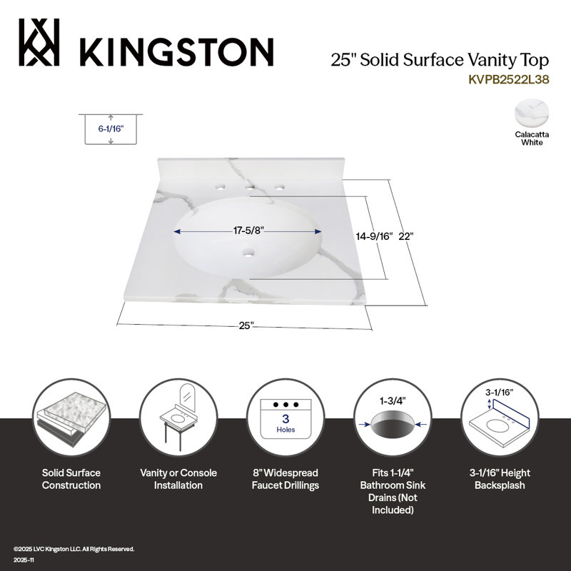 Dessus de meuble-lavabo à surface solide de 25 po KVPB2522L38 Kingston White
