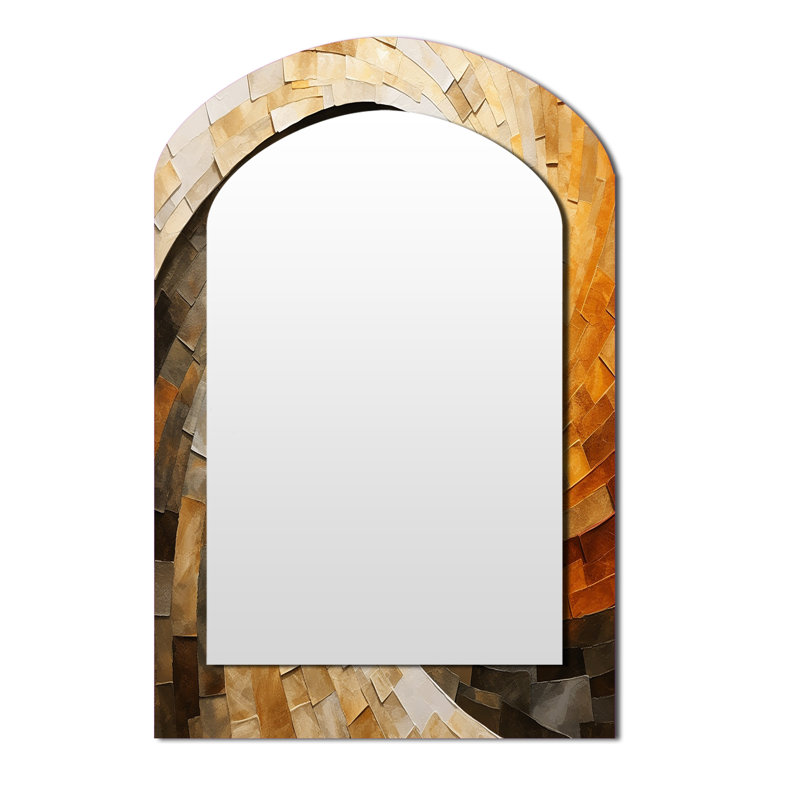 Orange orange minimaliste spirales de poterie - miroir en arc abstrait en spirale, miroir mural asymétrique beige unique, impression d'art en métal