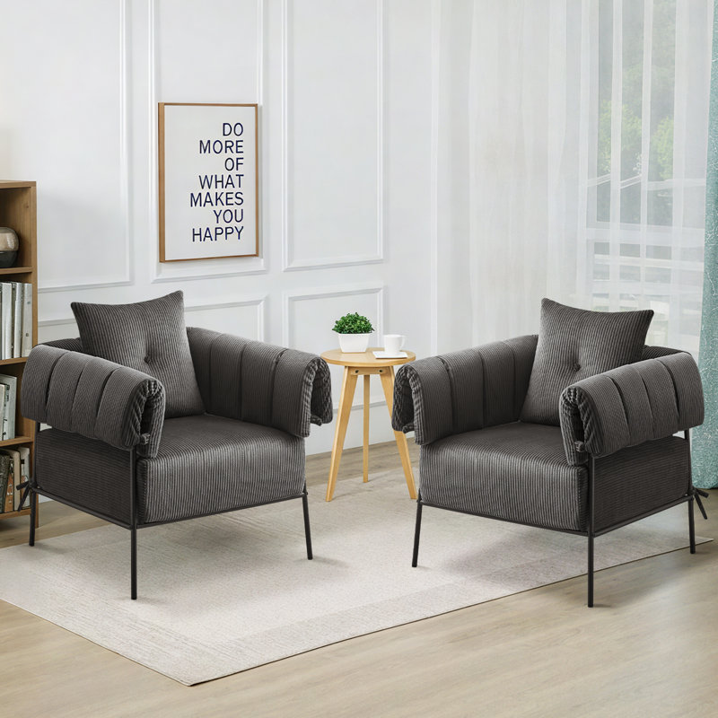 Fauteuil rembourré avec coussin d'assise et coussin plus épais, Velours côtelé gris