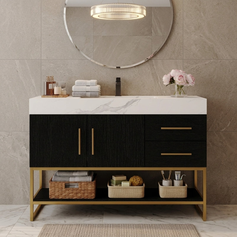 Meuble-lavabo sur pied autoportant, comptoir en pierre frittée avec lavabo en céramique intégré, cadre doré pour salles de bain contemporaines